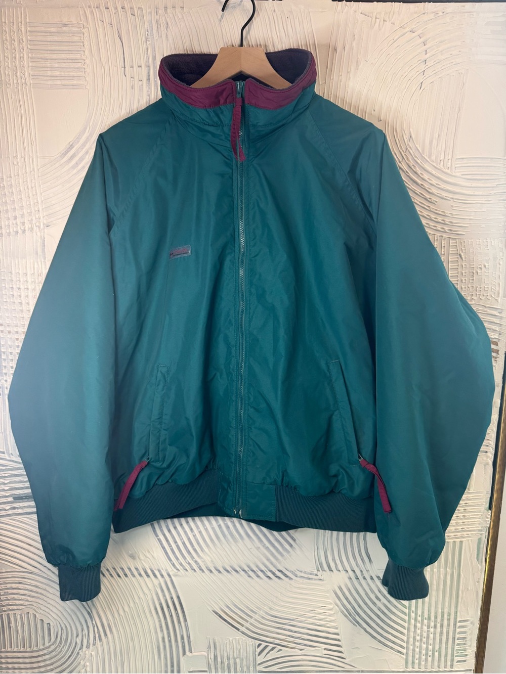 Vintage 90’s Men's Teal Windbreaker Jacket with Burgundy Trim